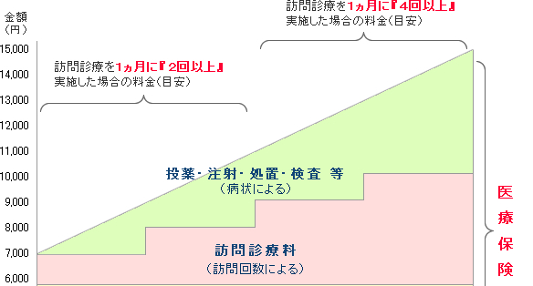 費用イメージ（投薬、注射、処置、検査、訪問診療料）